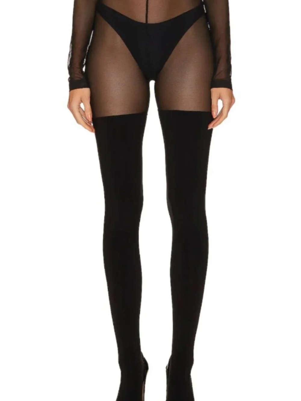 Norma Kamali Black Mesh Thigh High Footed Leggings Size L
